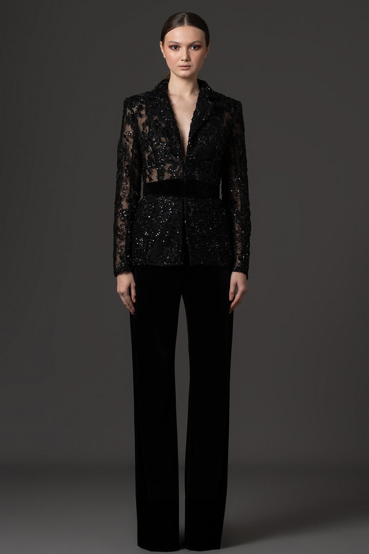 Embroidered Sheer-Sleeve with Velvet Blazer and Trousers