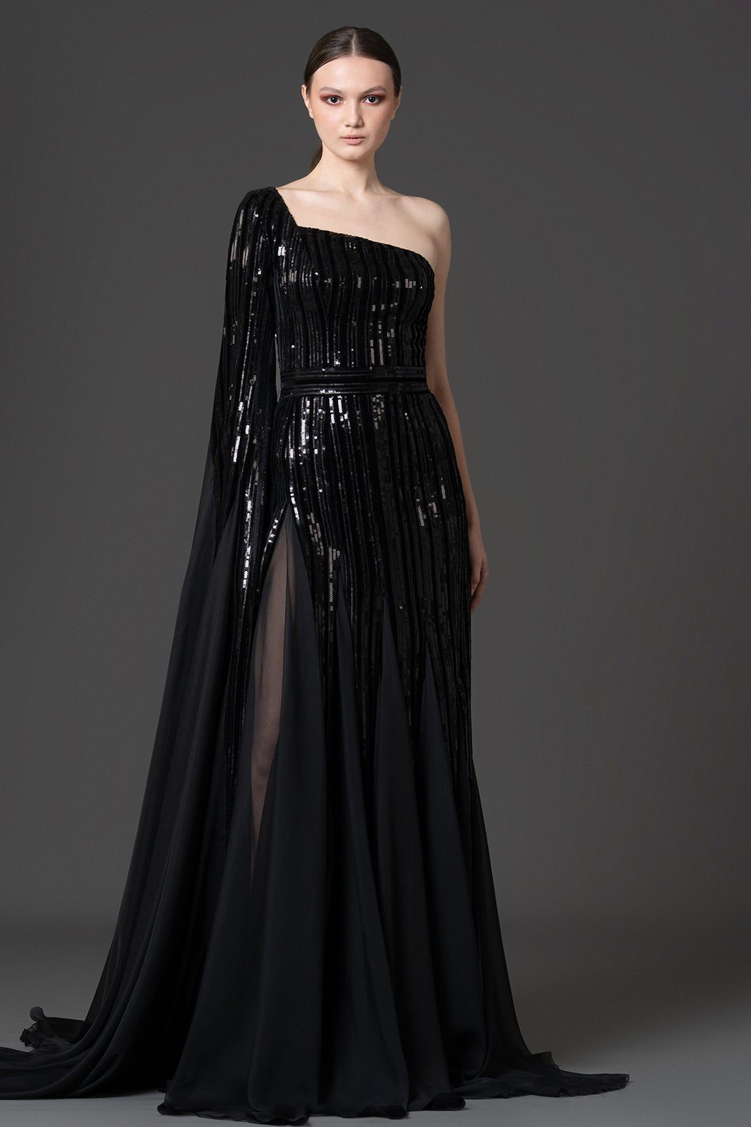 One-Shoulder Sequin Velvet and Chiffon Dress