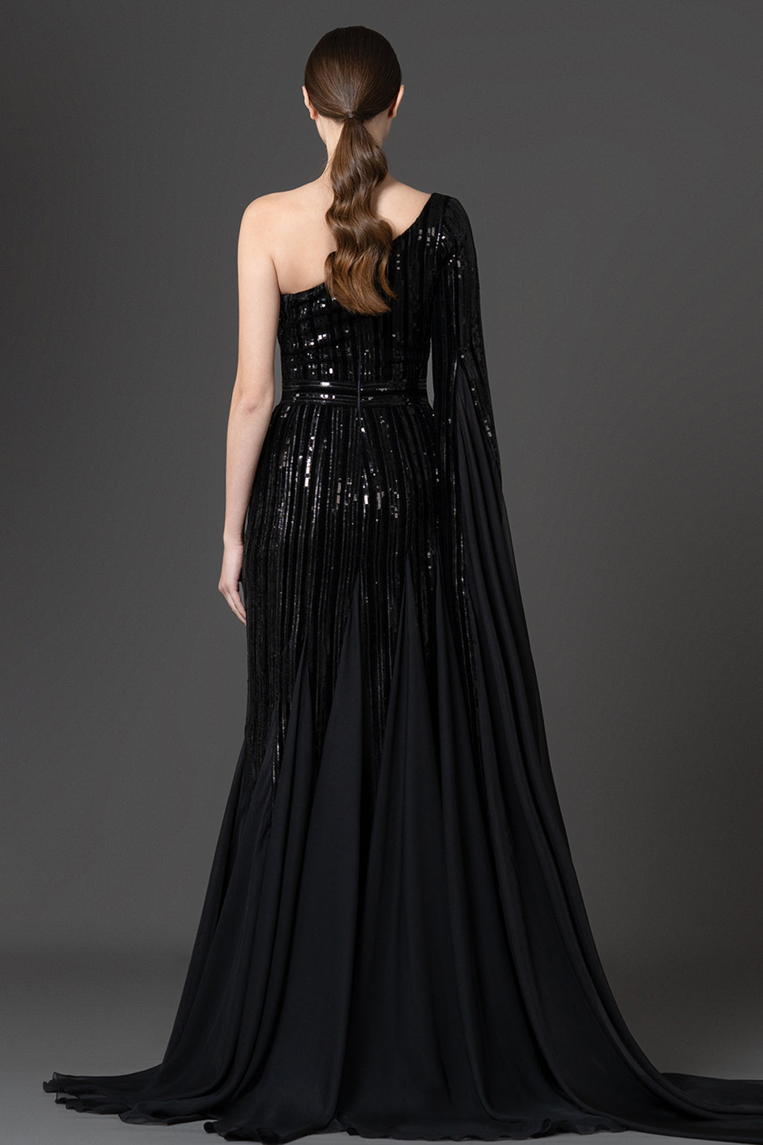 One-Shoulder Sequin Velvet and Chiffon Dress