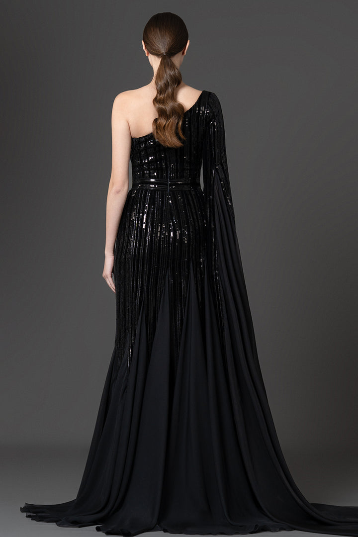 One-Shoulder Sequin Velvet and Chiffon Dress