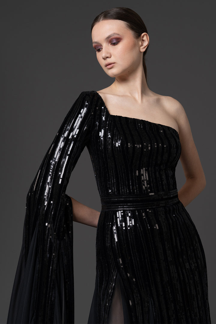 One-Shoulder Sequin Velvet and Chiffon Dress