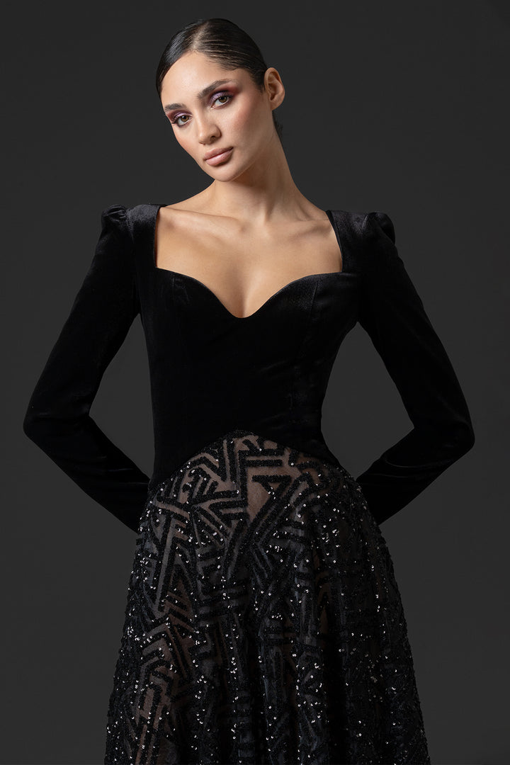 Embroidered Sweetheart with Velvet A-Line Dress