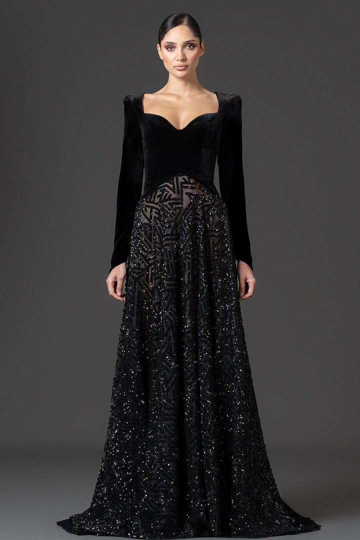 Embroidered Sweetheart with Velvet A-Line Dress