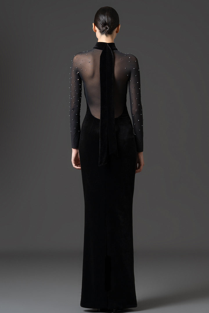 Crystal-Embroidered Velvet with Tulle Fitted Dress