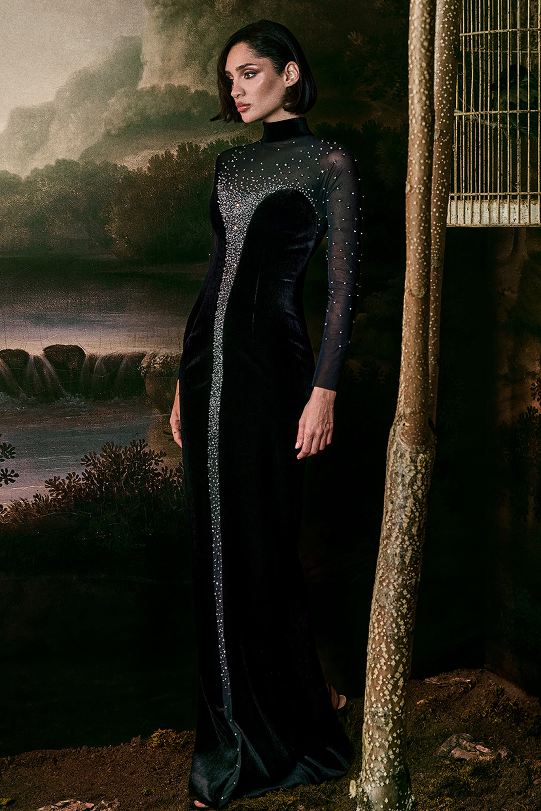 Crystal-Embroidered Velvet with Tulle Fitted Dress