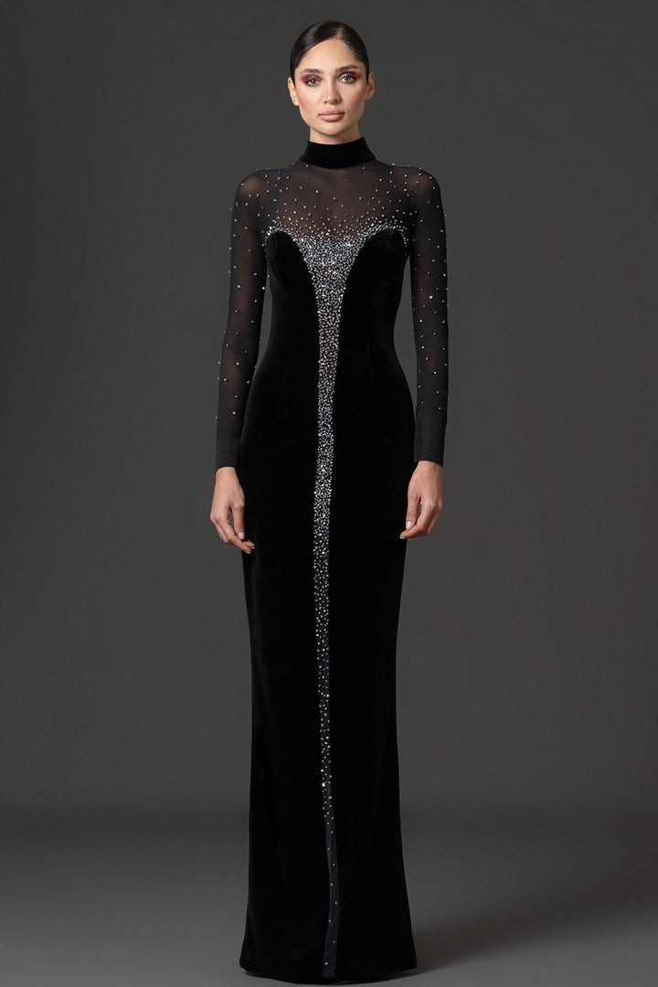 Crystal-Embroidered Velvet with Tulle Fitted Dress