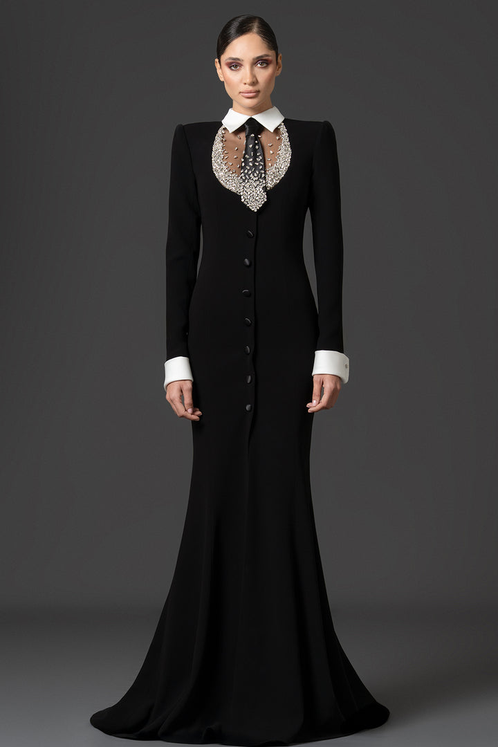 Embellished Tuxedo Crêpe Mermaid Dress