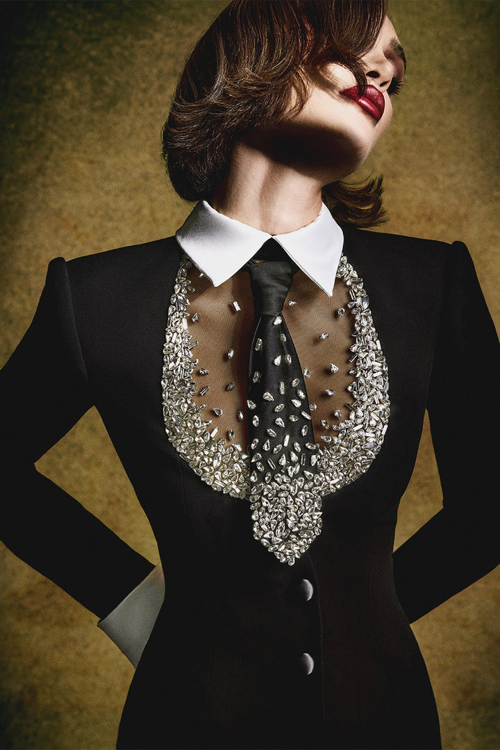 Embellished Tuxedo Crêpe Mermaid Dress