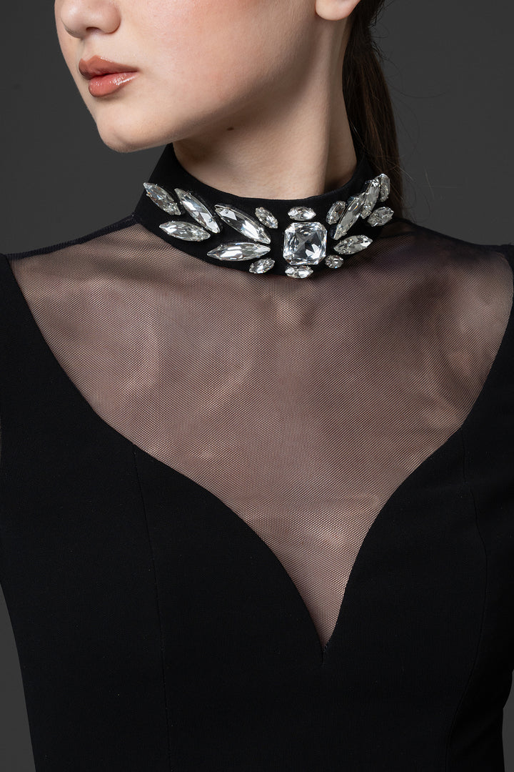 Crystal-Embellished High-Neck Crêpe Column Dress