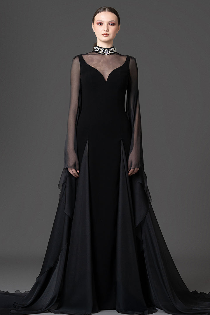 Crystal-Embellished High-Neck Crêpe Column Dress