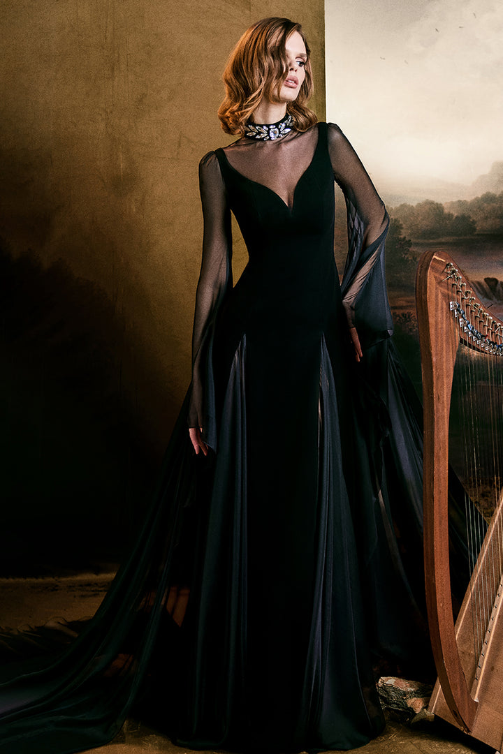 Crystal-Embellished High-Neck Crêpe Column Dress