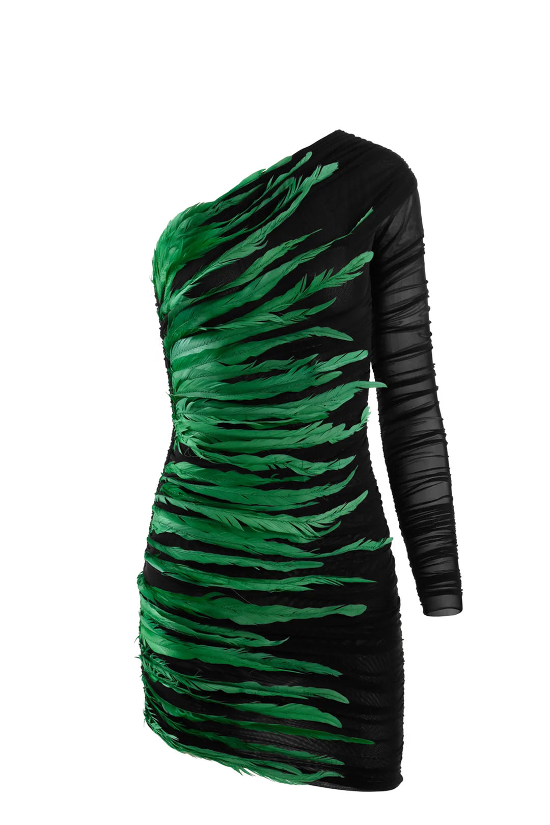 One-Shoulder Tulle Mini Dress with Feathers