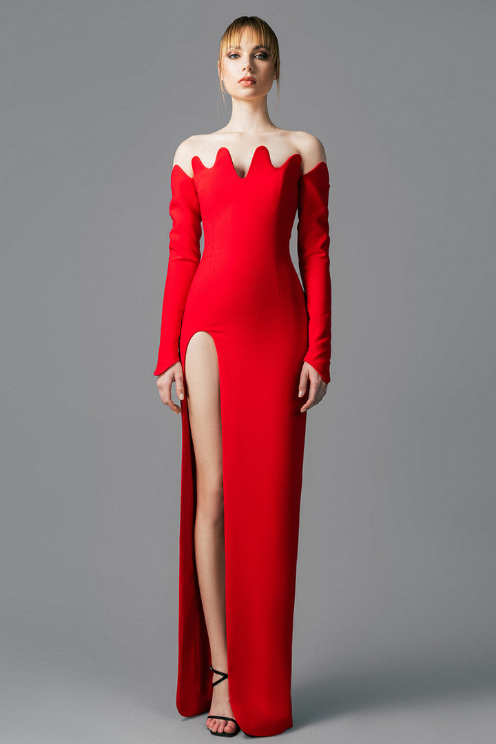 Off-The-Shoulder Fitted Crepe Dress