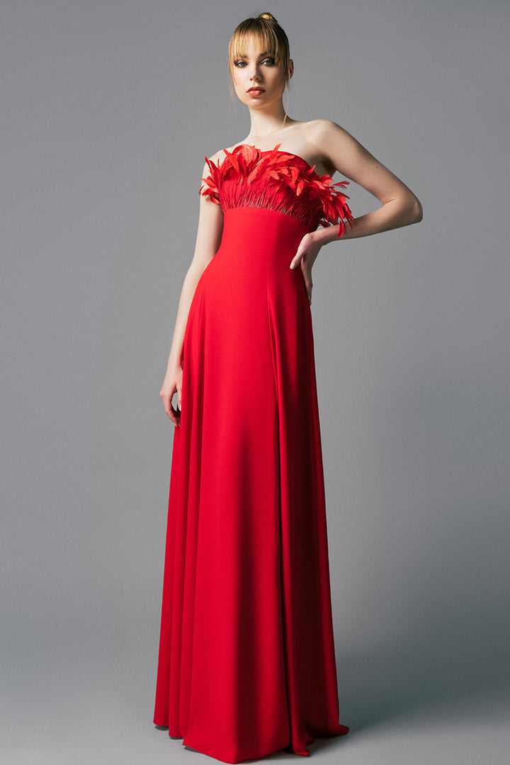Strapless Crepe Long Dress with Feathers