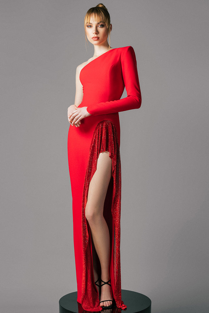 One-Shoulder Long Crepe Dress