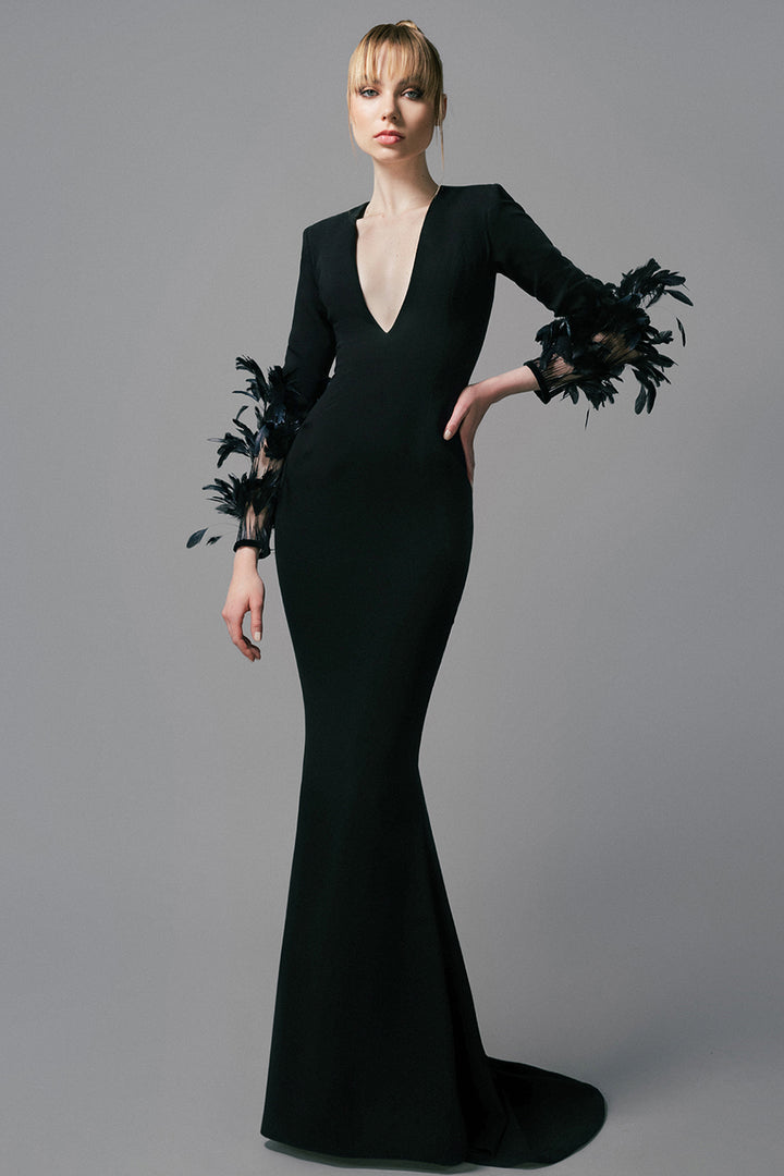 Long-Sleeved Crepe Dress With Feathers