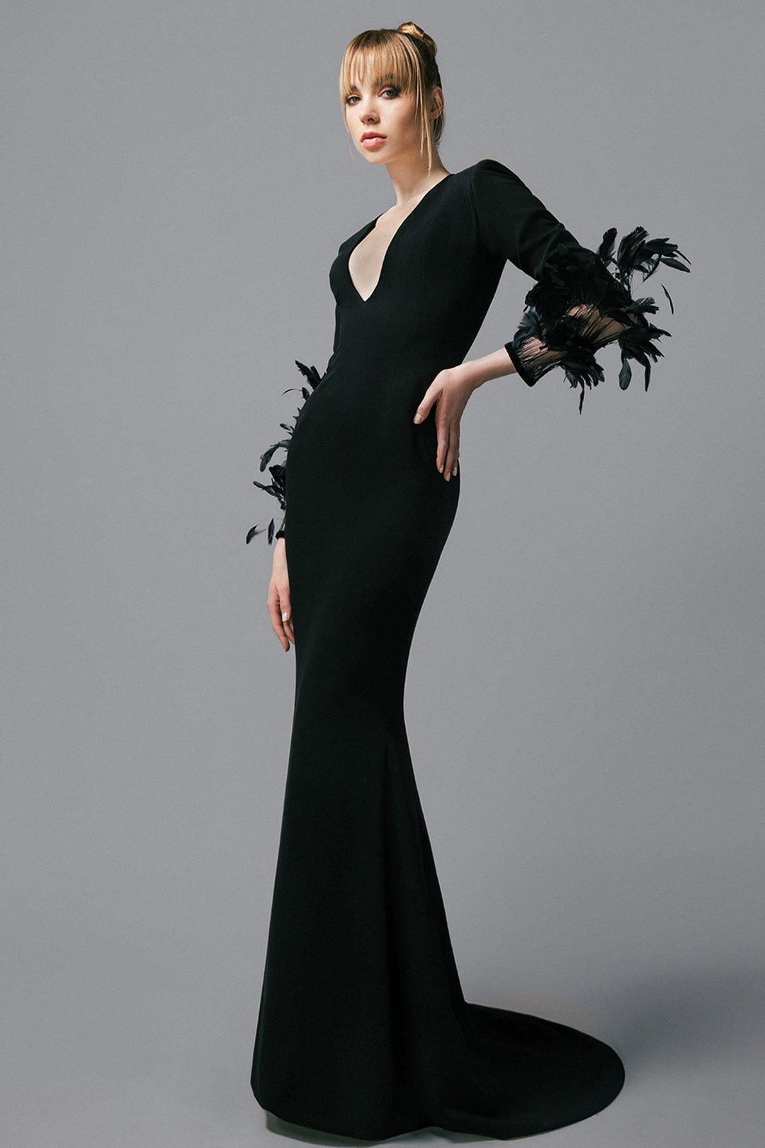 Long-Sleeved Crepe Dress With Feathers
