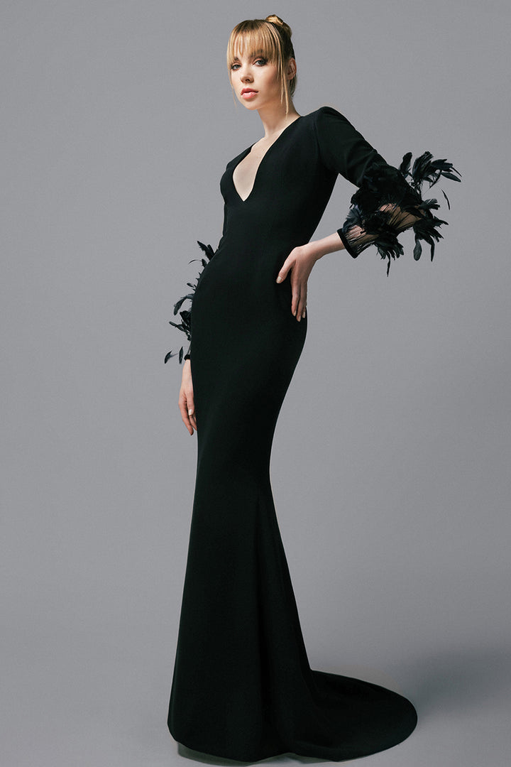 Long-Sleeved Crepe Dress With Feathers