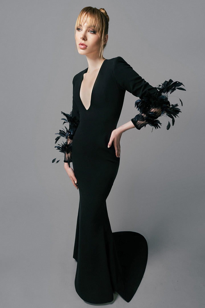 Long-Sleeved Crepe Dress With Feathers