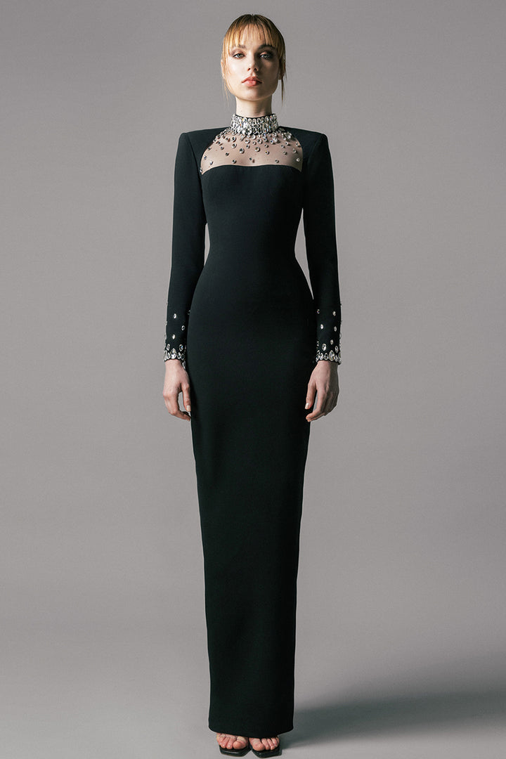 Long-Sleeved Crepe Fitted Dress
