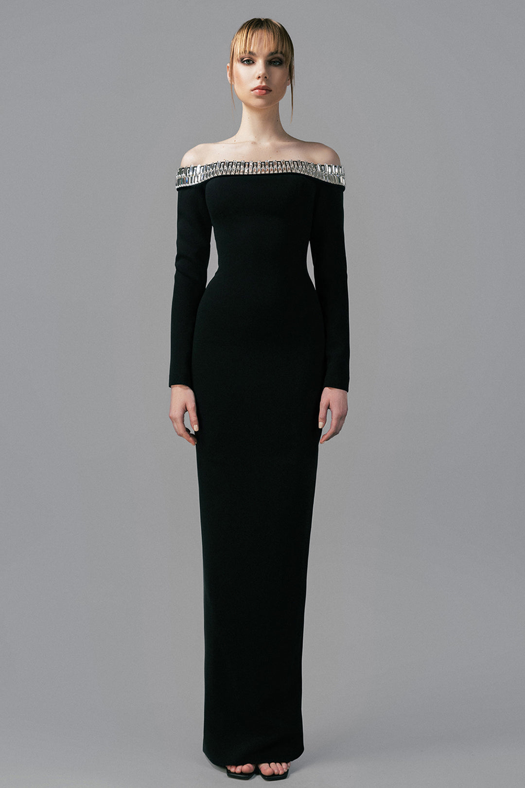 Off-The-Shoulder with Long Sleeved Crepe Dress