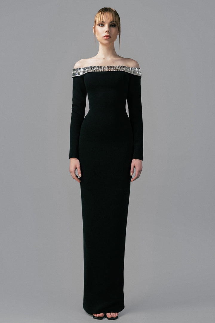 Off-The-Shoulder with Long Sleeved Crepe Dress
