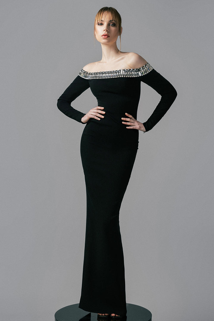 Off-The-Shoulder with Long Sleeved Crepe Dress