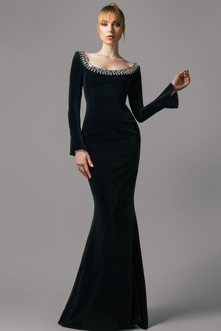 Boat Neck Long-Sleeved Velvet Dress