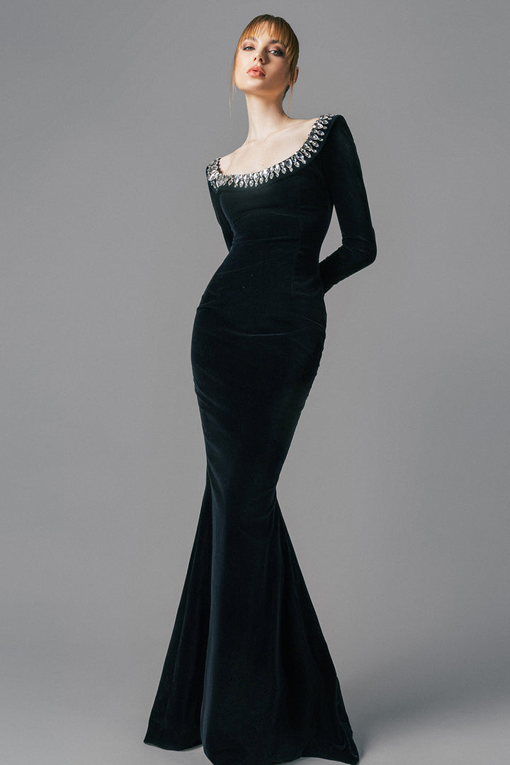 Boat Neck Long-Sleeved Velvet Dress