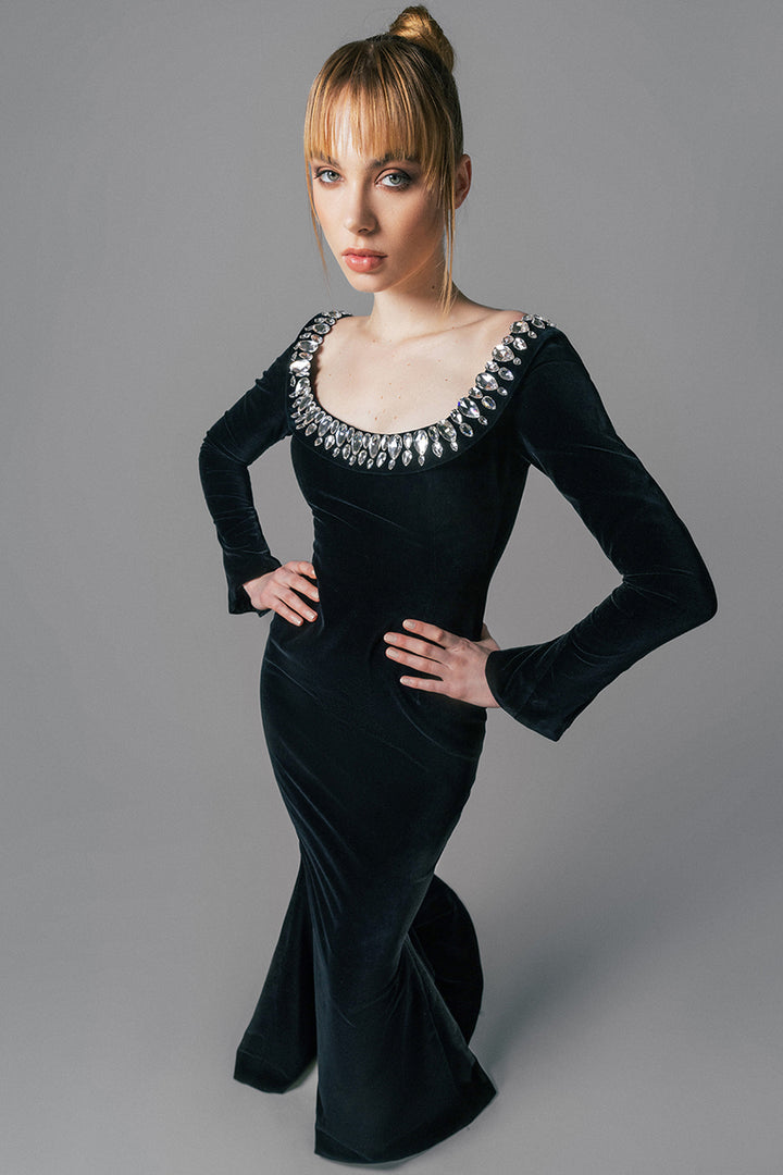 Boat Neck Long-Sleeved Velvet Dress