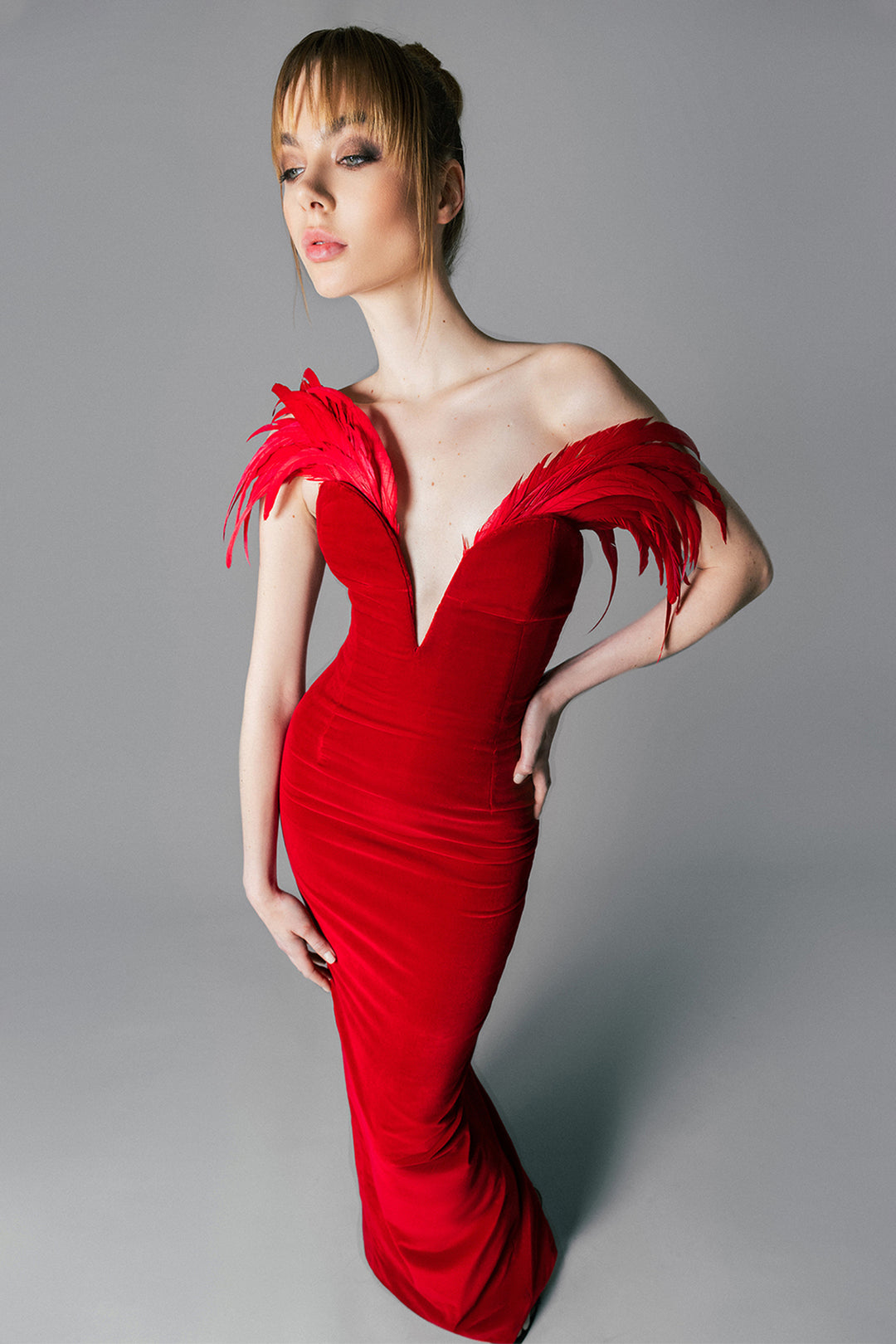Strapless Velvet Dress with Feathers