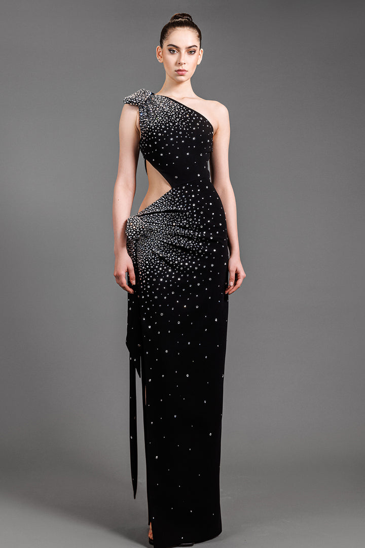 One-Shoulder Crepe Dress With Waist Cutout