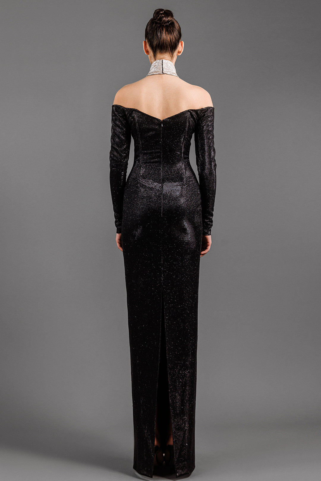 Off-The-Shoulder Lurex Fitted Dress With High Neck Detail