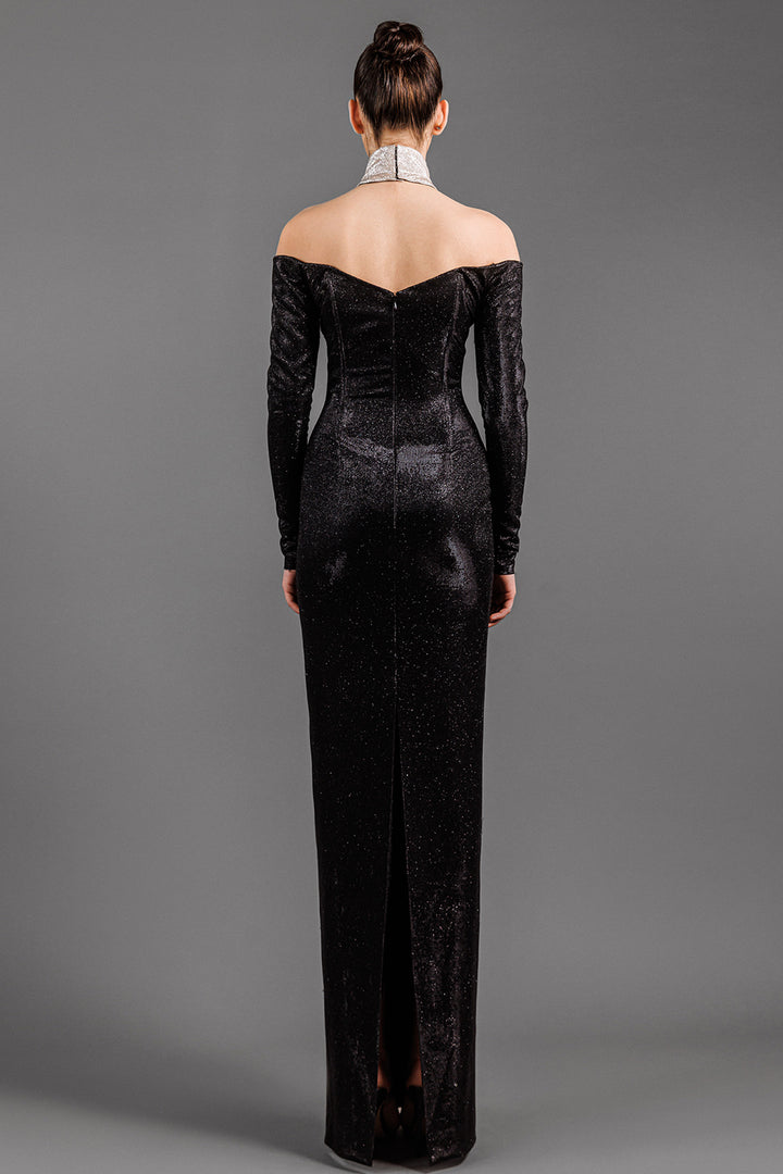Off-The-Shoulder Lurex Fitted Dress With High Neck Detail