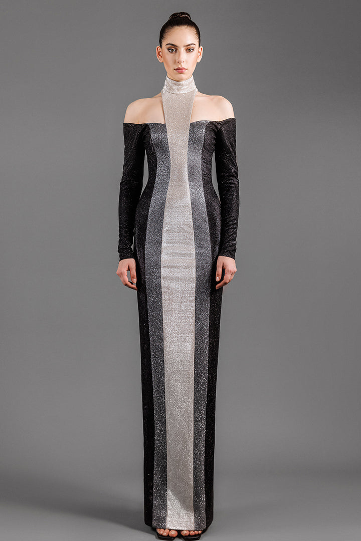 Off-The-Shoulder Lurex Fitted Dress With High Neck Detail