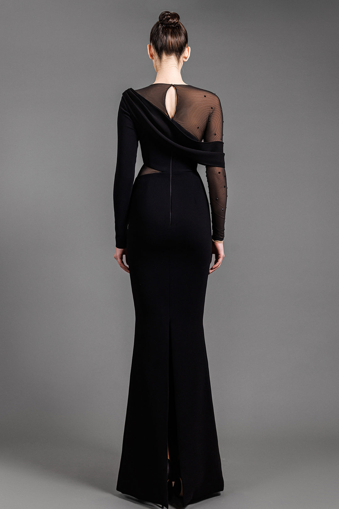 Long-Sleeves Crepe Long Dress With Crystal Embroidery
