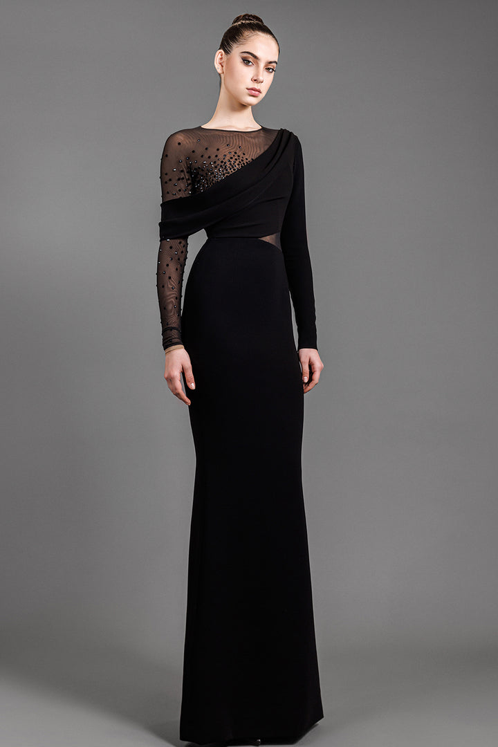 Long-Sleeves Crepe Long Dress With Crystal Embroidery