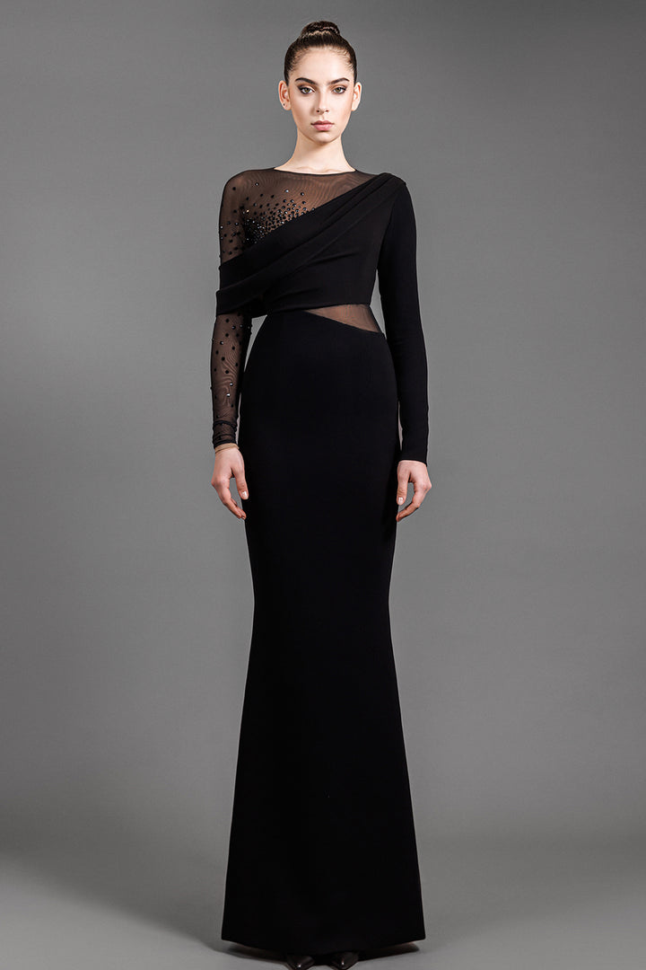 Long-Sleeves Crepe Long Dress With Crystal Embroidery