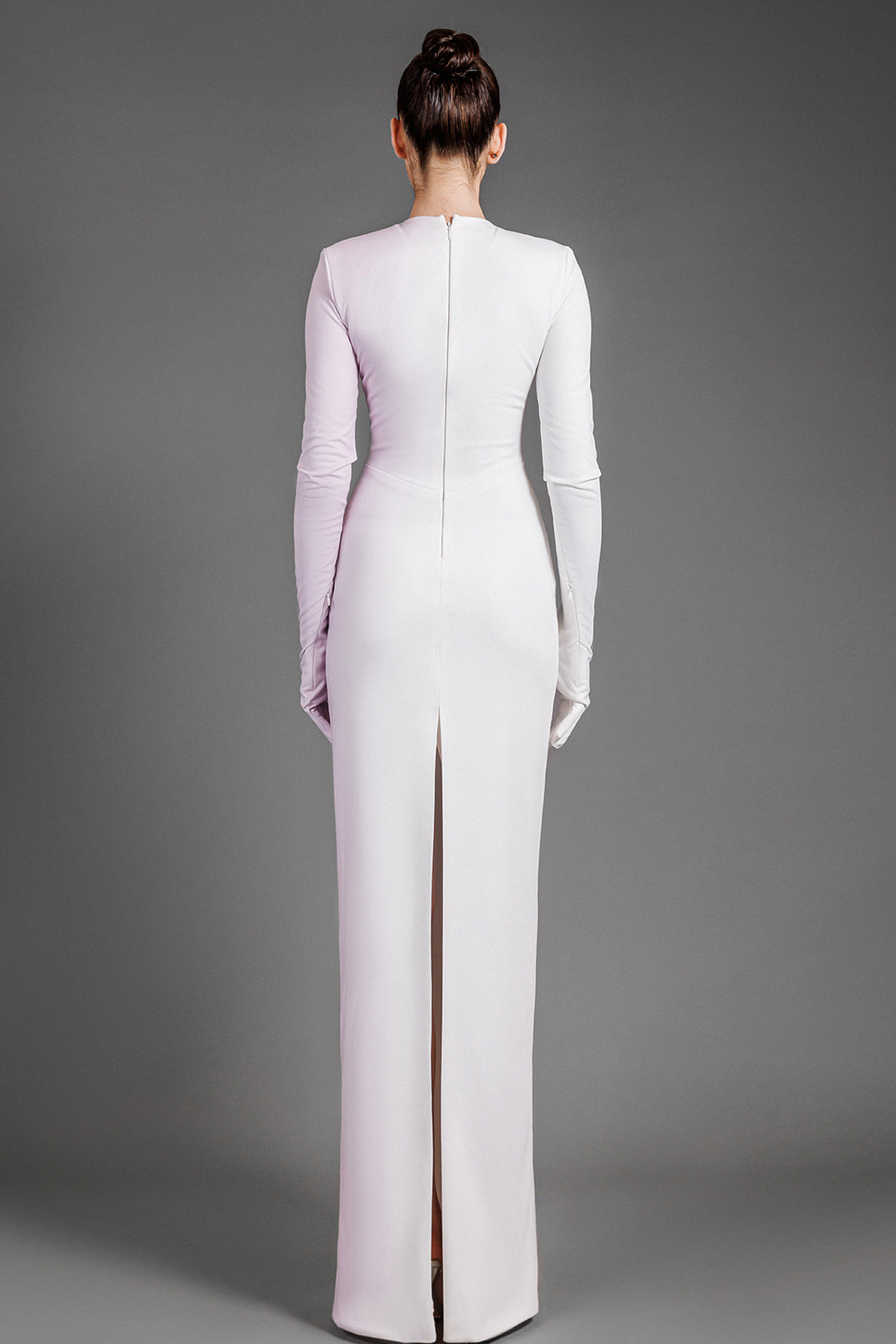 Long Sleeved Crepe Long Dress With Built In Gloves