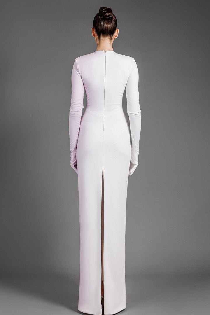 Long Sleeved Crepe Long Dress With Built In Gloves