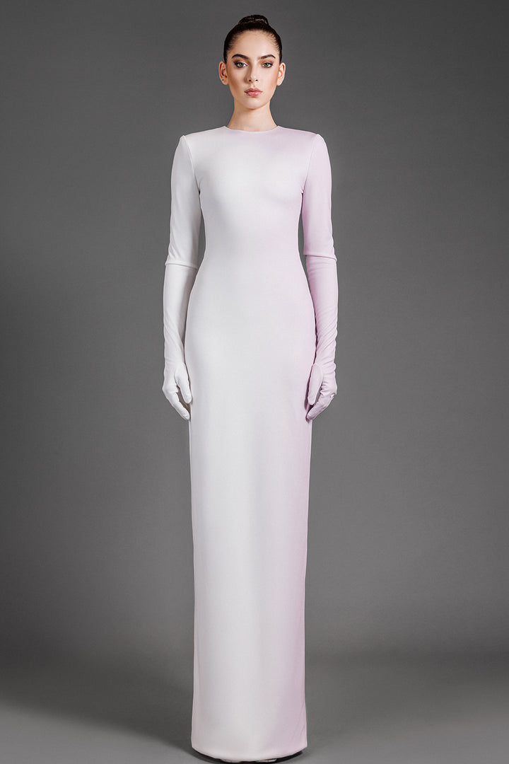 Long Sleeved Crepe Long Dress With Built In Gloves