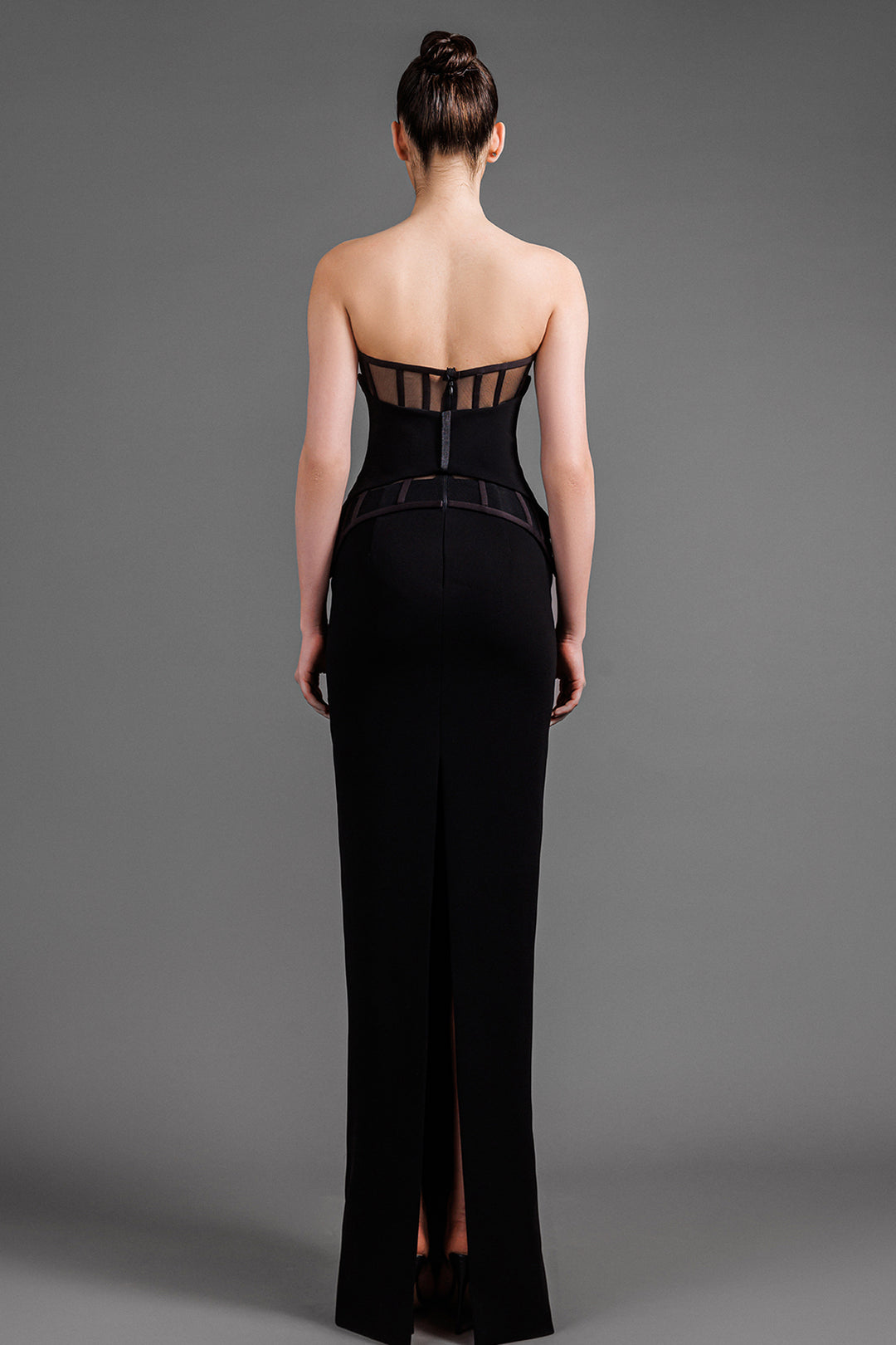 Strapless Crepe Long Dress With Sheer Tulle Corset