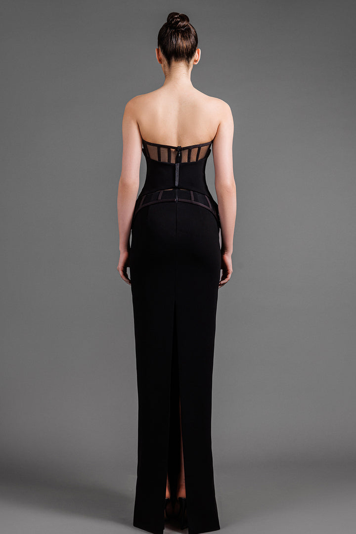 Strapless Crepe Long Dress With Sheer Tulle Corset