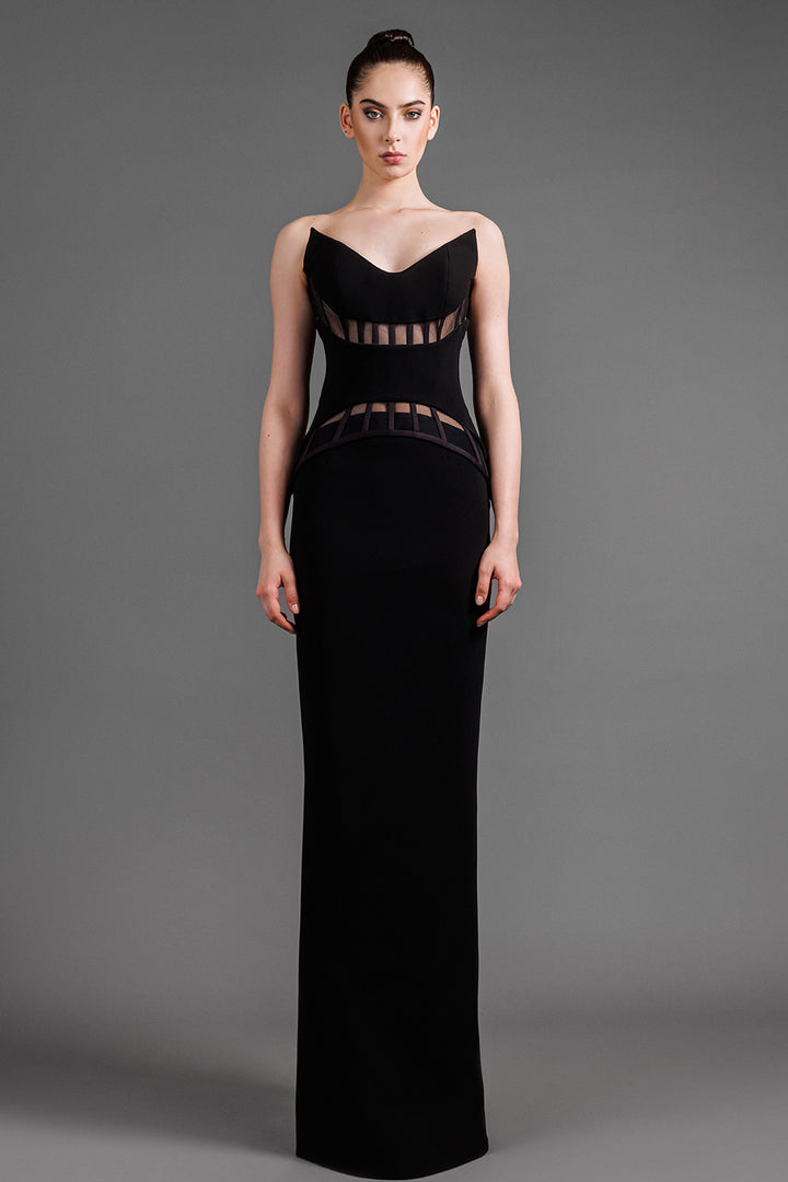 Strapless Crepe Long Dress With Sheer Tulle Corset