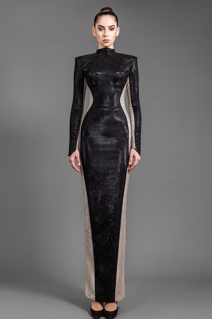 Long Sleeved Fitted Long Lurex Dress