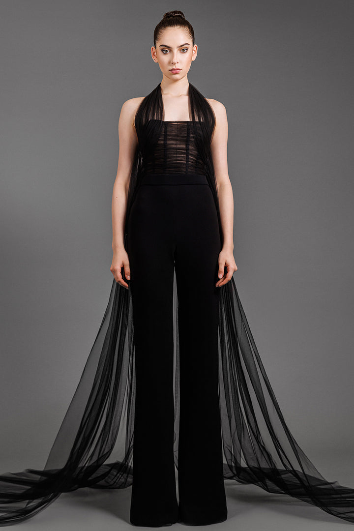 Tulle Jumpsuit with Flared Crepe Pants