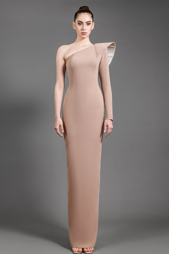 One-Shoulder Column Fitted Crepe Dress