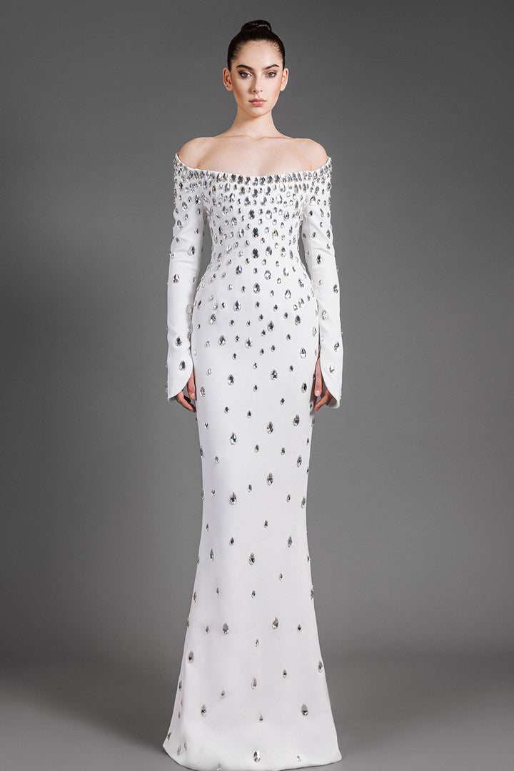 Off-The-Shoulder Crepe Dress With Crystal Embroidery