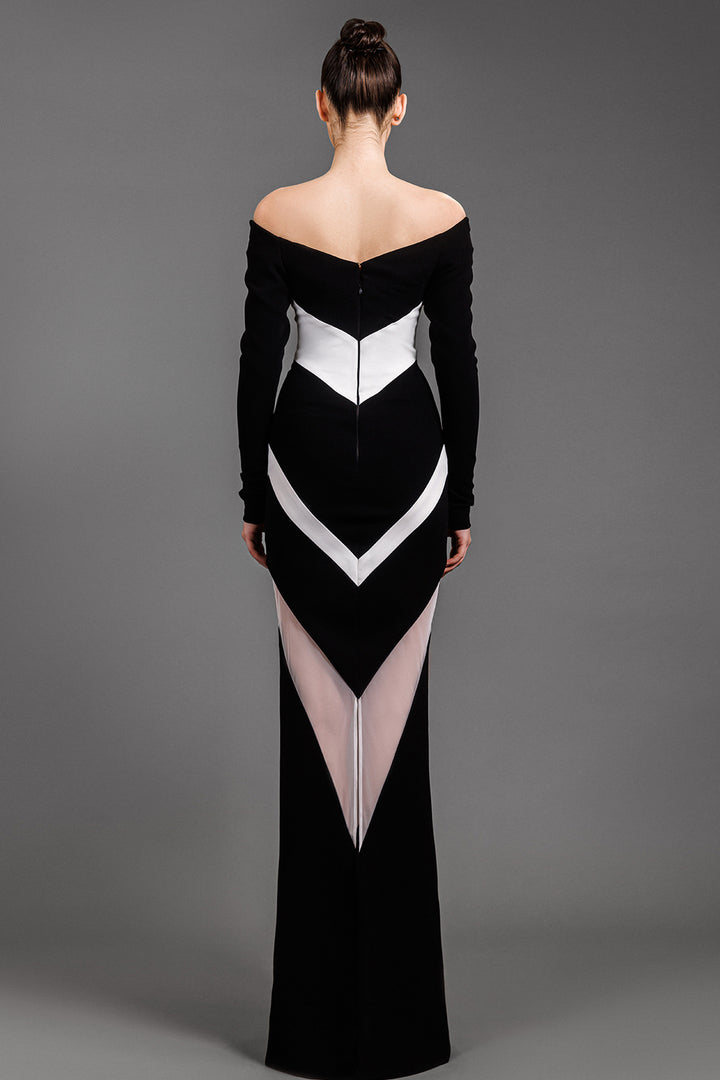 Off-The-Shoulder Crepe Dress With Sheer Tulle Cutout