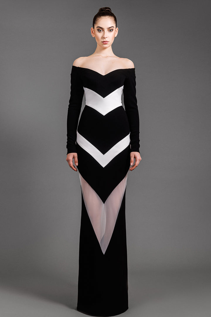 Off-The-Shoulder Crepe Dress With Sheer Tulle Cutout